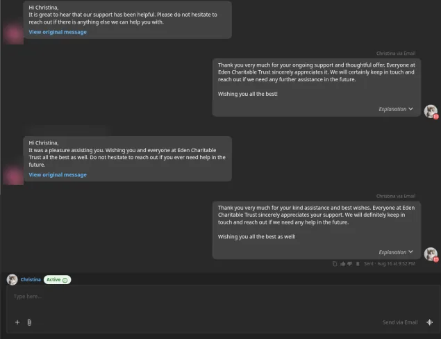 Conversations inbox in the Vandiya Business App, with the virtual receptionist replying to a customer message